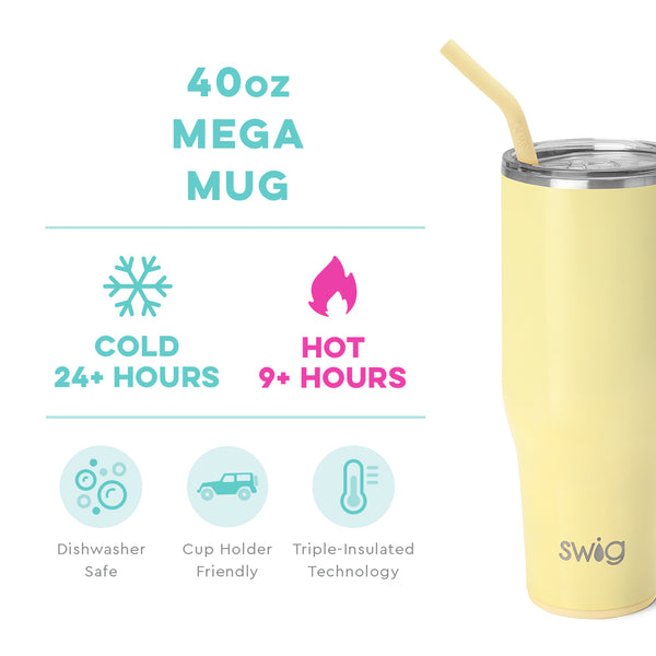 Swig Life 40oz Shimmer Buttercup Mega Mug temperature infographic - cold 24+ hours or hot 9+ hours