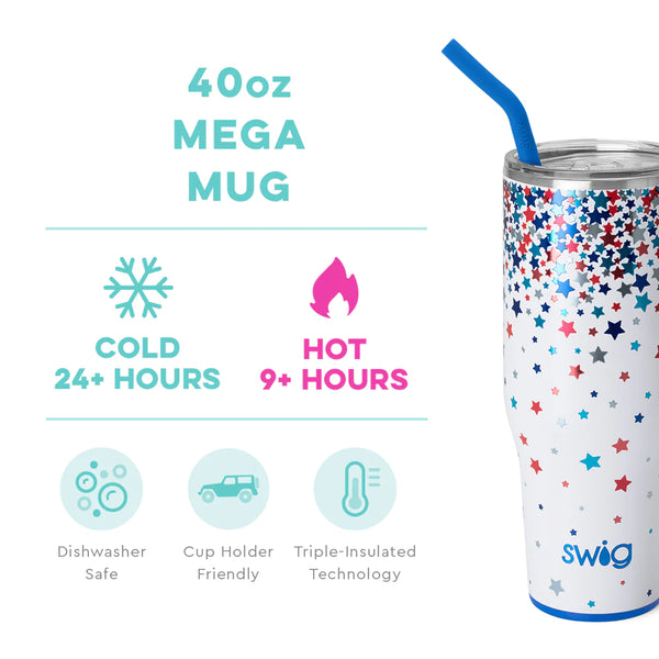 Swig Life 40oz Star Spangled Mega Mug temperature infographic - cold 24+ hours or hot 9+ hours