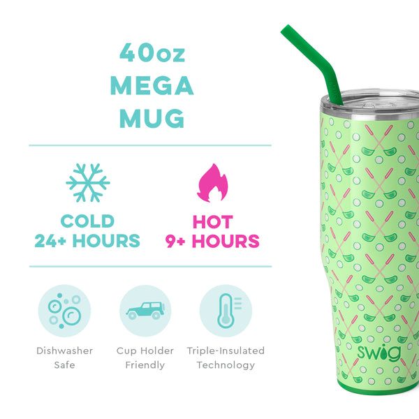 Swig Life 40oz Tee Time Mega Mug temperature infographic - cold 24+ hours or hot 9+ hours