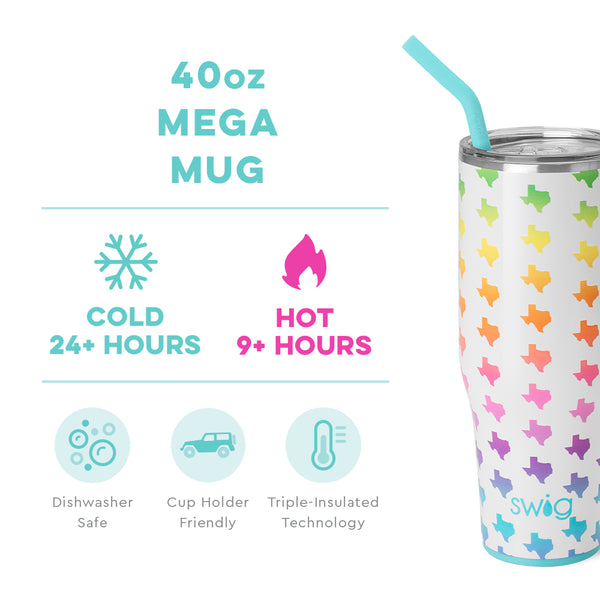 Swig Life 40oz Texas Mega Mug temperature infographic - cold 24+ hours or hot 9+ hours