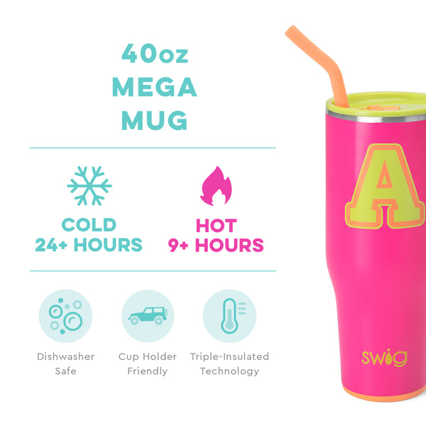 Swig Life 40oz Tutti Frutti Initial A Mega Mug temperature infographic - cold 24+ hours or hot 9+ hours