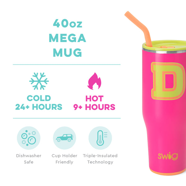 Swig Life 40oz Tutti Frutti Initial D Mega Mug temperature infographic - cold 24+ hours or hot 9+ hours