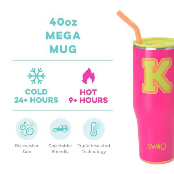 Swig Life 40oz Tutti Frutti Initial K Mega Mug temperature infographic - cold 24+ hours or hot 9+ hours