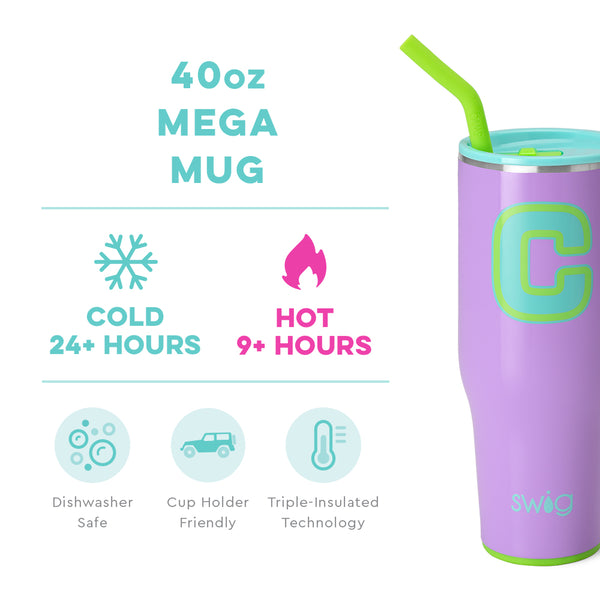 Swig Life 40oz Ultra Violet Initial C Mega Mug temperature infographic - cold 24+ hours or hot 9+ hours