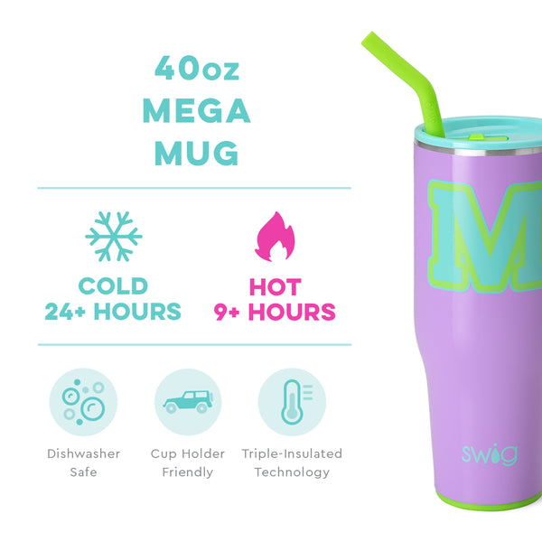Swig Life 40oz Ultra Violet Initial M Mega Mug temperature infographic - cold 24+ hours or hot 9+ hours