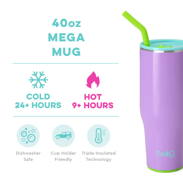 Swig Life 40oz Ultra Violet Mega Mug temperature infographic - cold 24+ hours or hot 9+ hours