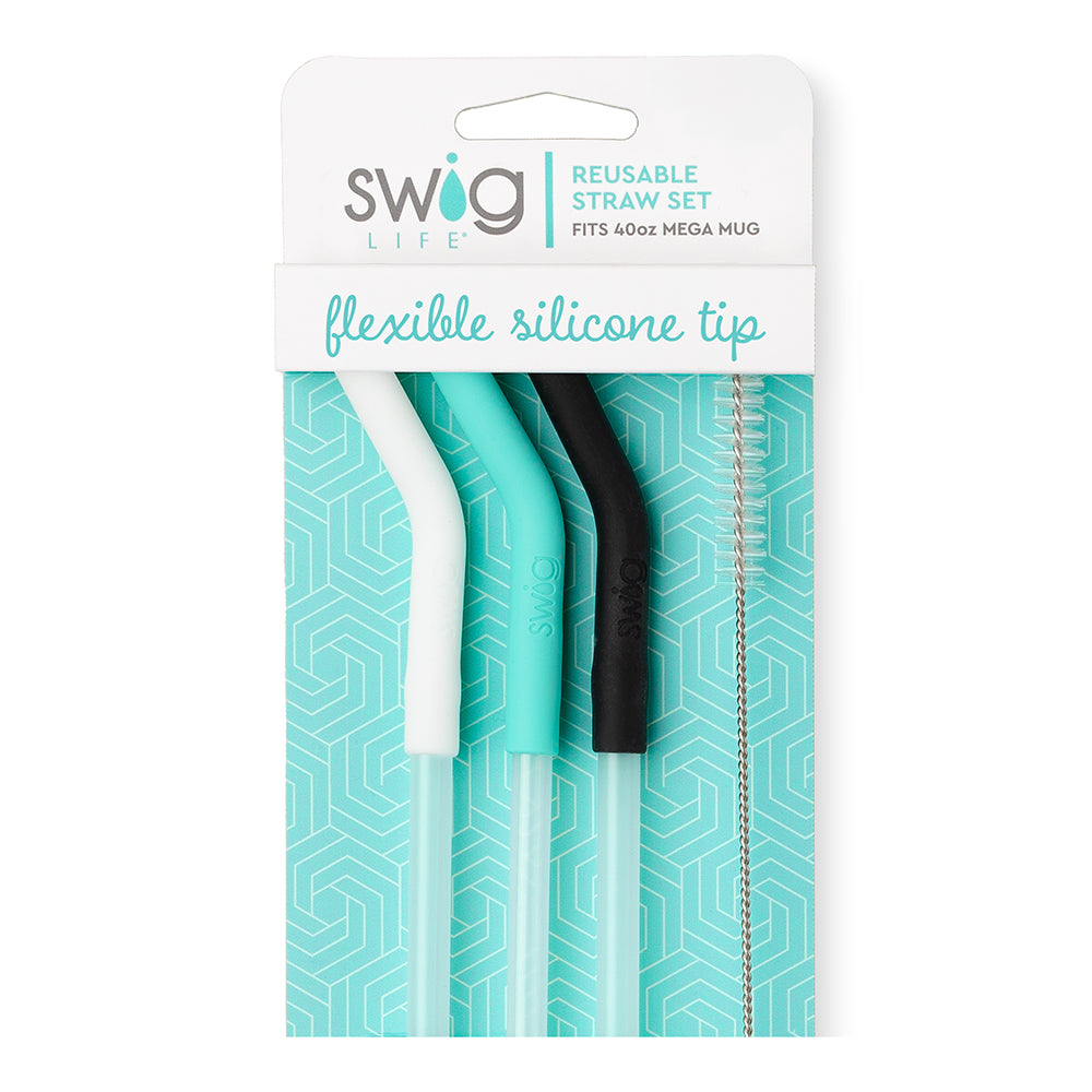 Swig Reusable Mega Mug Straw Set White/Aqua/Black