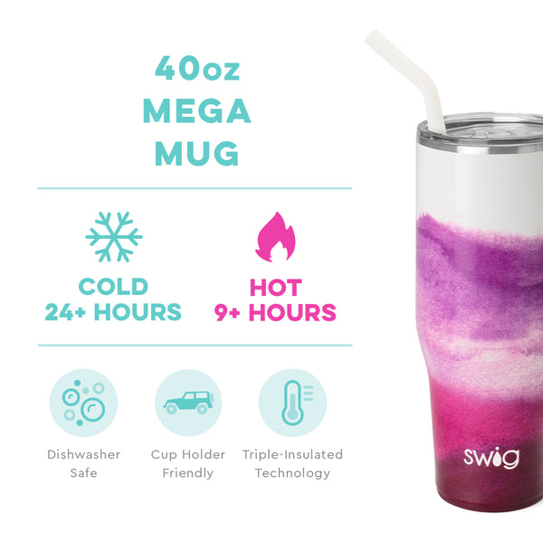 Swig Life 40oz Amethyst Mega Mug temperature infographic - cold 24+ hours or hot 9+ hours