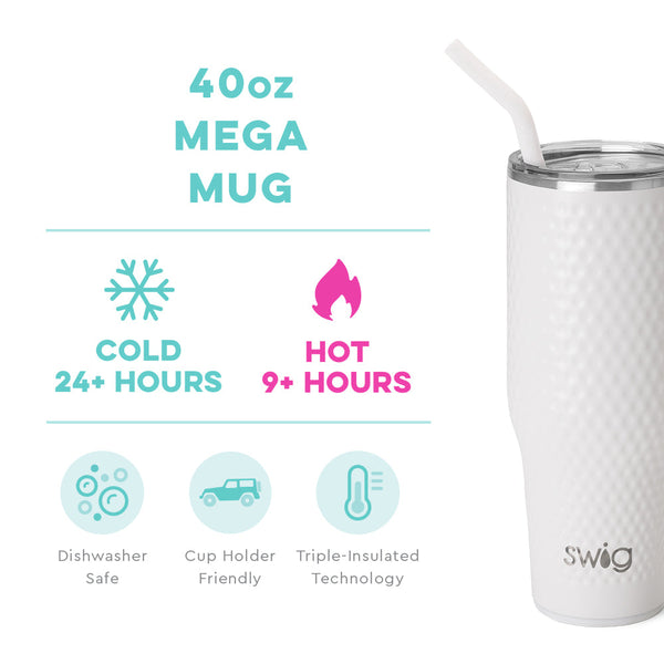 Swig Life 40oz Golf Partee Mega Mug temperature infographic - cold 24+ hours or hot 9+ hours