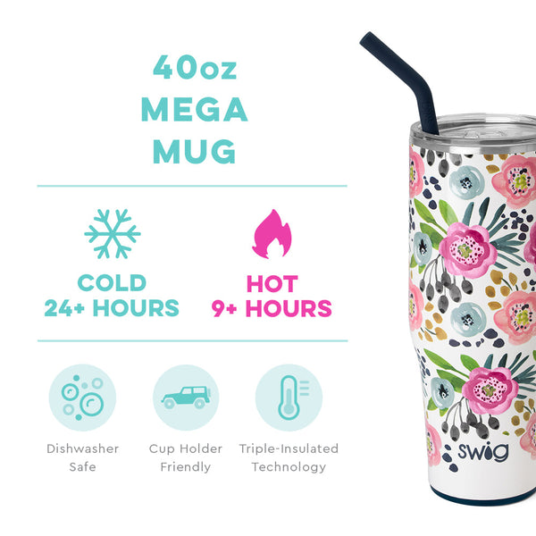 Swig Life 40oz Primrose Mega Mug temperature infographic - cold 24+ hours or hot 9+ hours