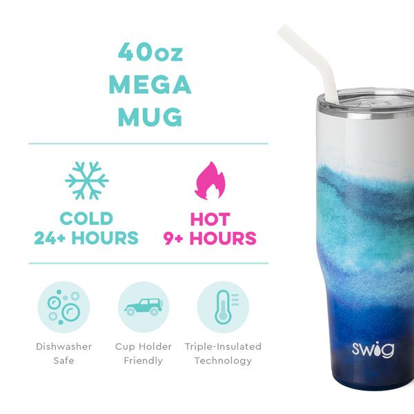 Swig Life 40oz Sapphire Mega Mug temperature infographic - cold 24+ hours or hot 9+ hours