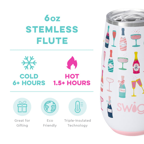 Swig Life 6oz Pop Fizz Stemless Flute temperature infographic - cold 6+ hours or hot 1.5+ hours