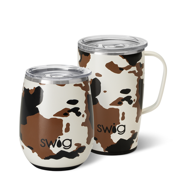 Swig Life Hayride Cow Print AM+PM Set including a 14oz Hayride Stemless Wine Cup and an 18oz Hayride Travel Mug