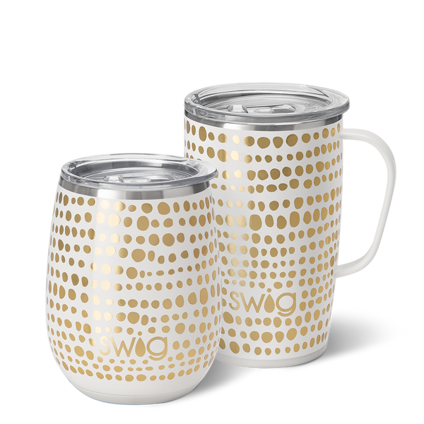 Swig Life Glamazon Gold AM+PM Set including a 14oz Glamazon Gold Stemless Wine Cup and an 18oz Glamazon Gold Travel Mug