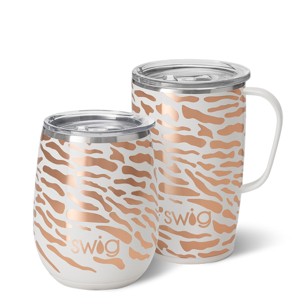 Swig Life Glamazon Rose AM+PM Set including a 14oz Glamazon Rose Stemless Wine Cup and an 18oz Glamazon Rose Travel Mug