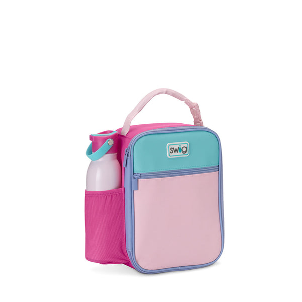Swig Life Cotton Candy Boxxi Lunch Bag with Swig Life Cotton Candy 16oz Flip + Sip Bottle in side pocket
