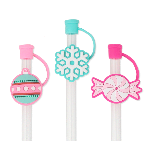 Swig Life Christmas Sweets Straw Topper Set Animation showing silicone caps coming on and off of straws