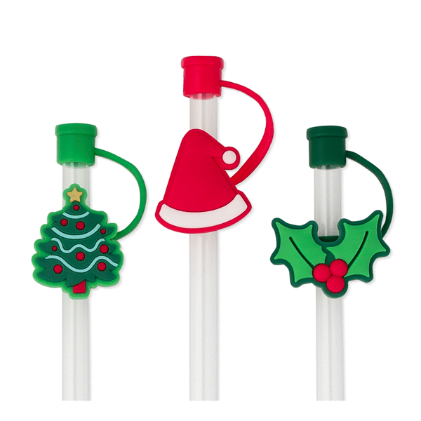 Swig Life Christmas Tree Straw Topper Set Animation showing silicone caps coming on and off of straws