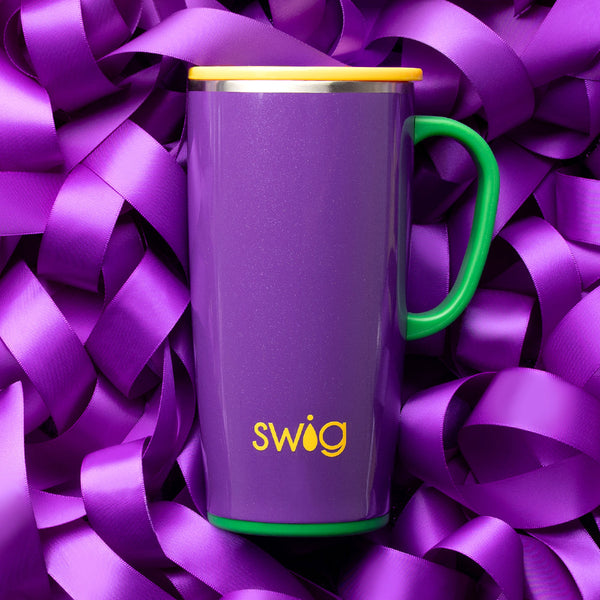 Swig Life Pardi Gras 22oz Travel Mug on a purple ribbon background