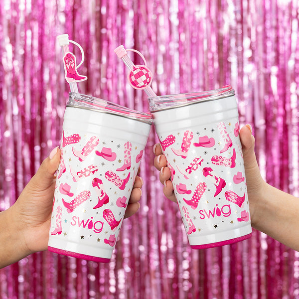 Swig Life Let's Go Girls 24oz Party Cups on a sparkly pink background