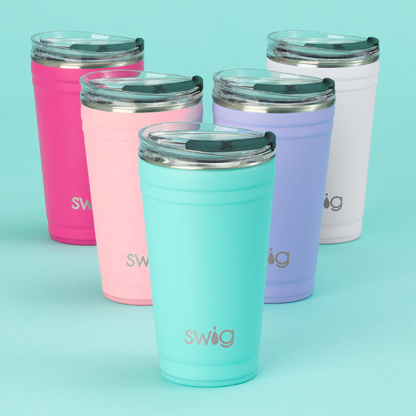 Swig Life 24oz Party Cups in Hot Pink, Blush, Aqua, Hydrangea, and White on an aqua background