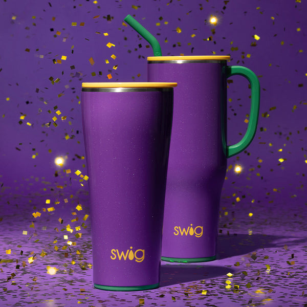 Swig Life Pardi Gras 32oz Tumbler and 40oz Mega Mug on a purple background with gold confetti