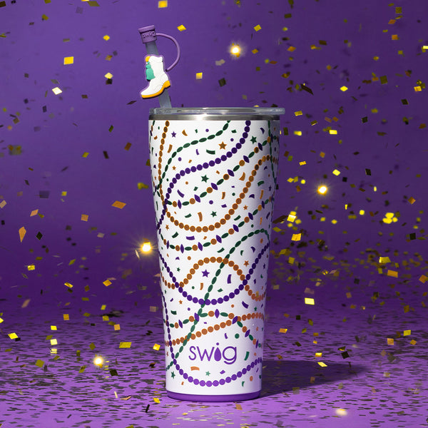 Swig Life Hey Mister 32oz Tumbler on a purple background with gold confetti