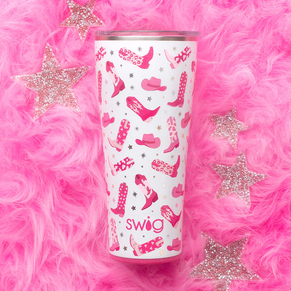 Swig Life Let's Go Girls 32oz Tumbler on a pink fuzzy background with glitter stars
