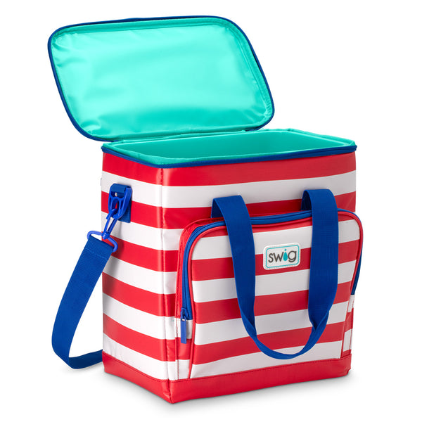 Swig Life All American Boxxi 24 Cooler open view showing aqua insulted lining and zipper enclosure