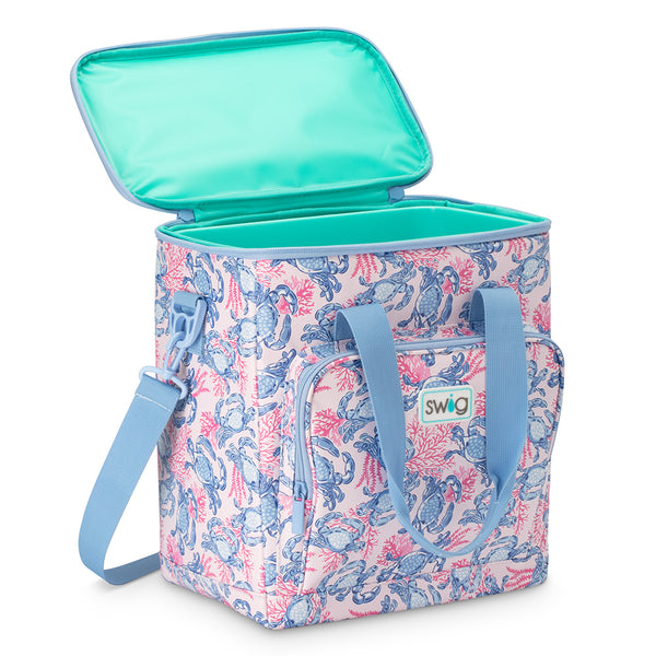 Swig Life Get Crackin' Boxxi 24 Cooler open view showing aqua insulted lining and zipper enclosure