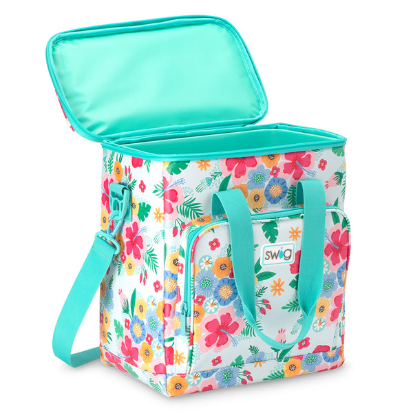 Swig Life Island Bloom Boxxi 24 Cooler open view showing aqua insulted lining and zipper enclosure