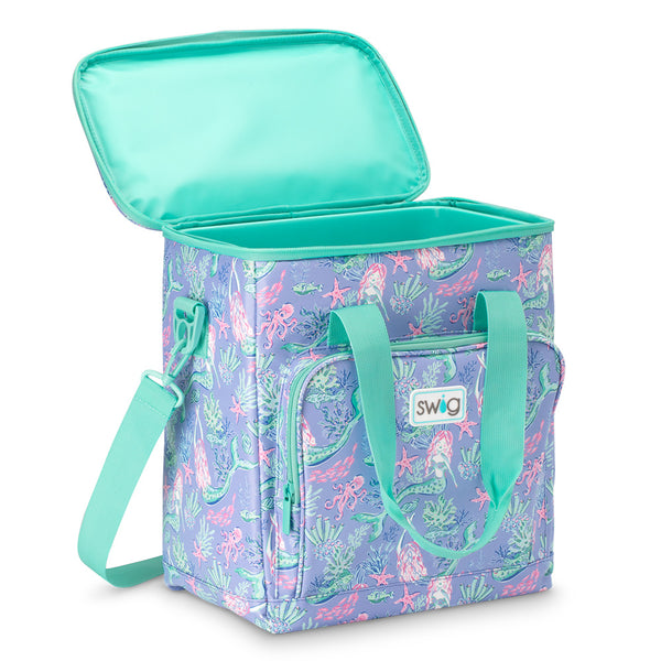 Swig Life Under the Sea Boxxi 24 Cooler open view showing aqua insulted lining and zipper enclosure