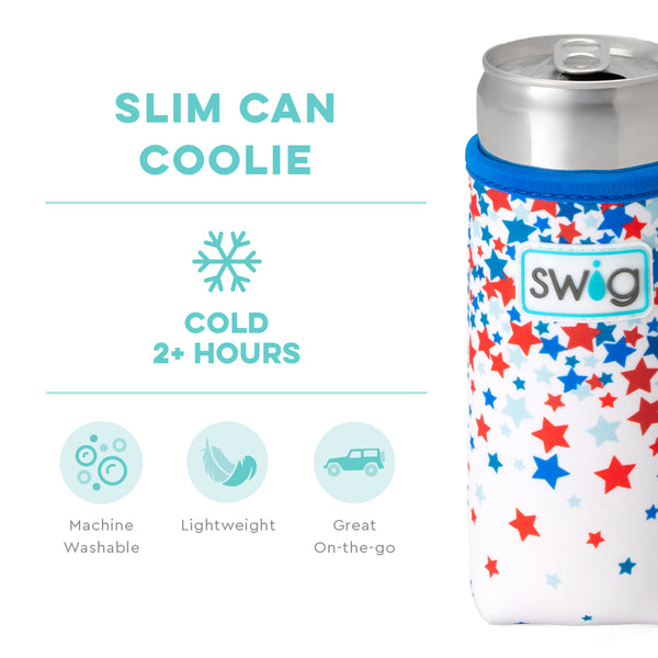 Swig Life Star Spangled Insulated Neoprene Slim Can Coolie temperature infographic - cold 2+ hours