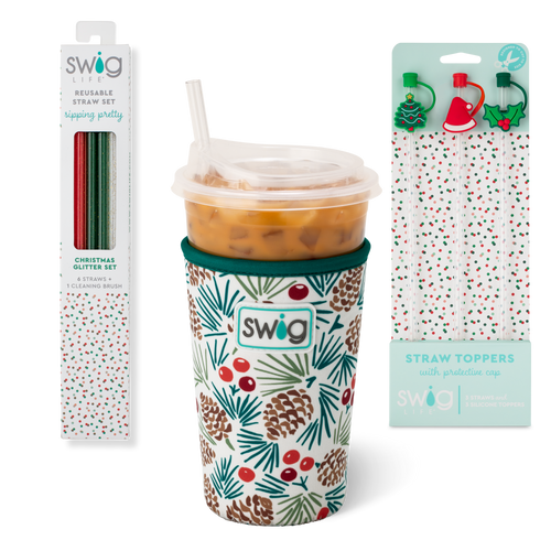Swig Life All Spruced Up Stocking Stuffer Bundle including Iced Cup Coolie, Christmas Glitter Straws, and Christmas Tree Straw Toppers