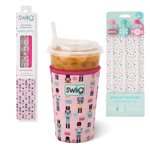 Swig Life Nutcracker Stocking Stuffer Bundle including Iced Cup Coolie, Nutcracker Straws, and Christmas Sweets Straw Toppers