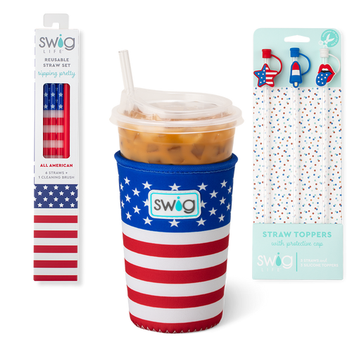 Swig Life All American Accessory Bundle featuring an Iced Cup Coolie, Straw Topper Set, and Reusable Straw Set