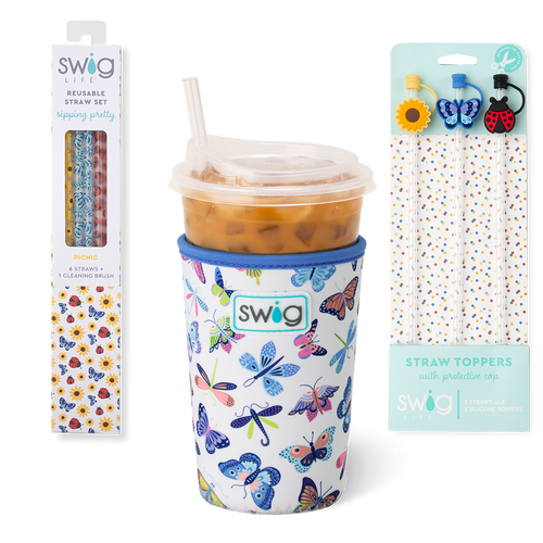 Swig Life Butterfly Bliss Accessory Bundle featuring an Iced Cup Coolie, Straw Topper Set, and Reusable Straw Set