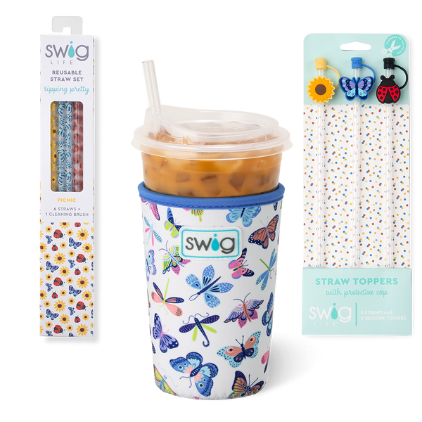 Swig Life Butterfly Bliss Accessory Bundle featuring an Iced Cup Coolie, Straw Topper Set, and Reusable Straw Set