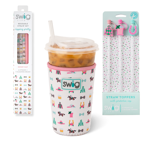 Swig Life Derby Day Accessory Bundle featuring an Iced Cup Coolie, Straw Topper Set, and Reusable Straw Set
