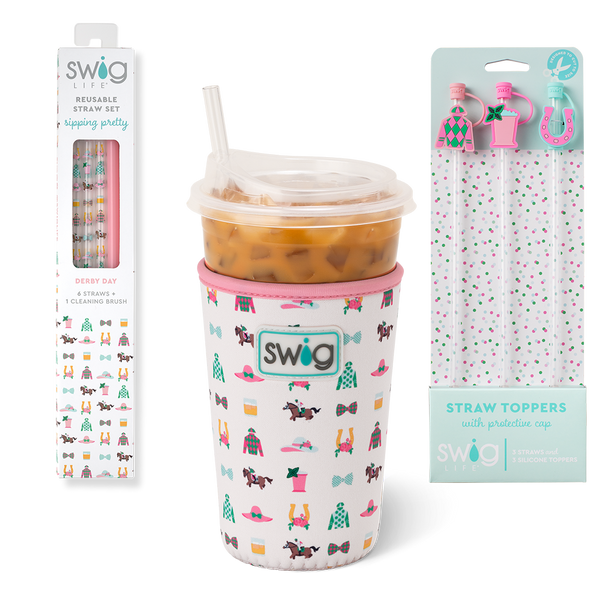 Swig Life Derby Day Accessory Bundle featuring an Iced Cup Coolie, Straw Topper Set, and Reusable Straw Set