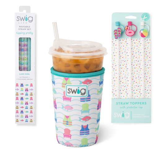 Swig Life Lake Girl Accessory Bundle featuring an Iced Cup Coolie, Straw Topper Set, and Reusable Straw Set