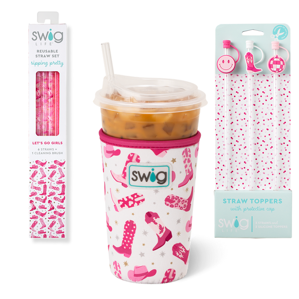 Swig Life Let's Go Girls Accessory Bundle featuring an Iced Cup Coolie, Straw Topper Set, and Reusable Straw Set