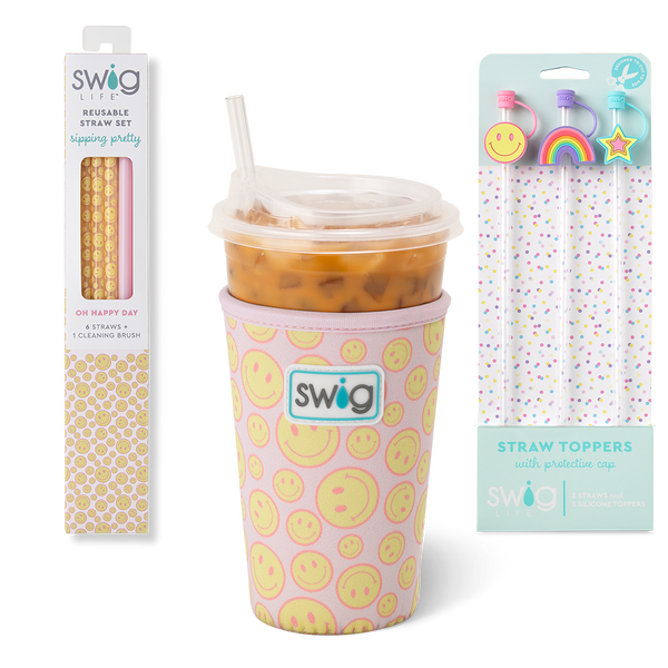 Swig Life Oh Happy Day Accessory Bundle including Iced Cup Coolie, Reusable Straws, and Oh Happy Day Straw Toppers