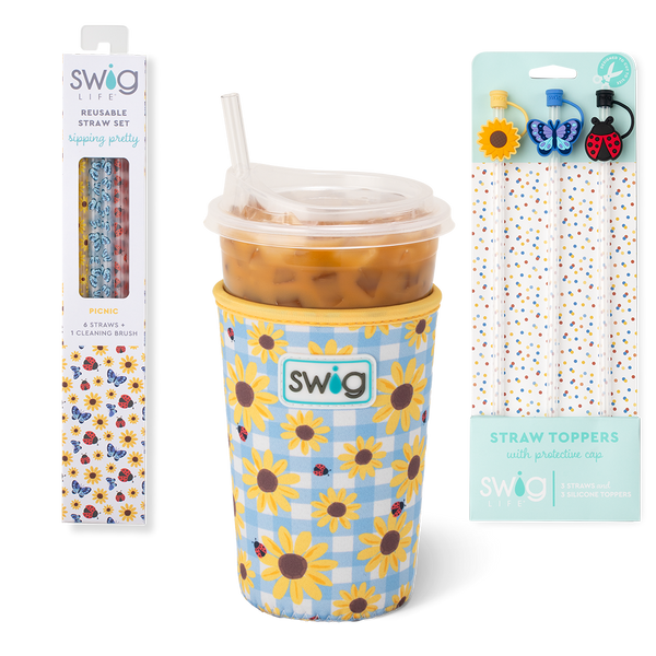 Swig Life Picnic Basket Accessory Bundle featuring an Iced Cup Coolie, Straw Topper Set, and Reusable Straw Set
