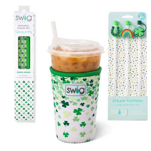 Swig Life Pinch Proof Accessory Bundle featuring an Iced Cup Coolie, Straw Topper Set, and Reusable Straw Set