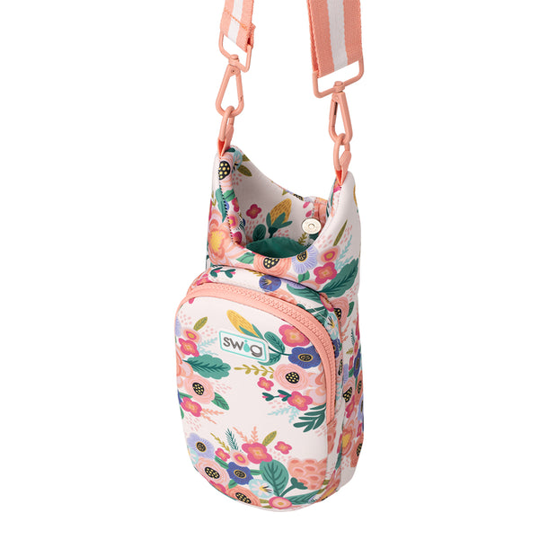 Swig Life Full Bloom Insulated Neoprene Water Bottle Bag with over the shoulder strap showing button closure from the top