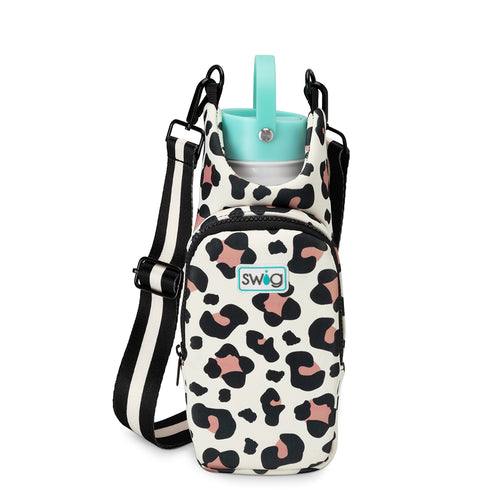 Swig Life Luxy Leopard Insulated Neoprene Water Bottle Sling with over the shoulder strap