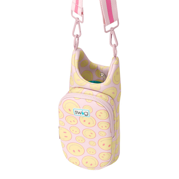 Swig Life OH Happy Day Insulated Neoprene Water Bottle Bag with over the shoulder strap showing button closure from the top