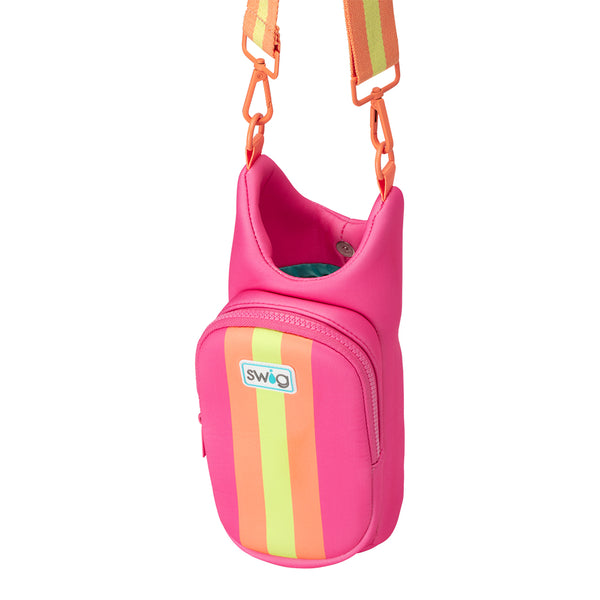 Swig Life Tutti Frutti Insulated Neoprene Water Bottle Bag with over the shoulder strap showing button closure from the top