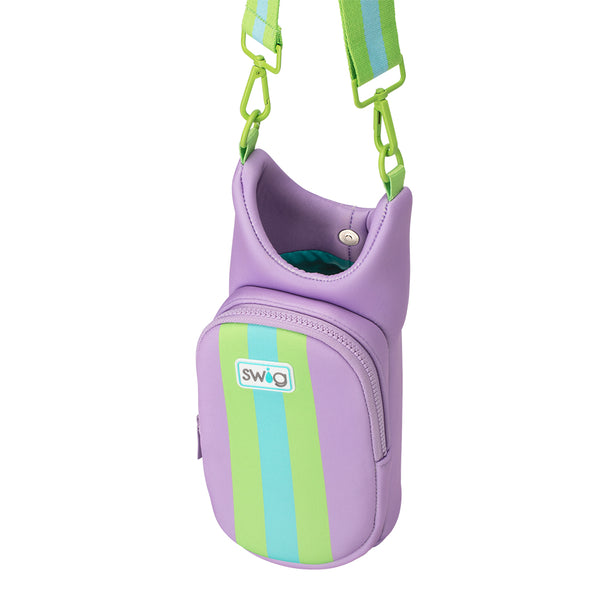 Swig Life Ultra Violet Insulated Neoprene Water Bottle Bag with over the shoulder strap showing button closure from the top